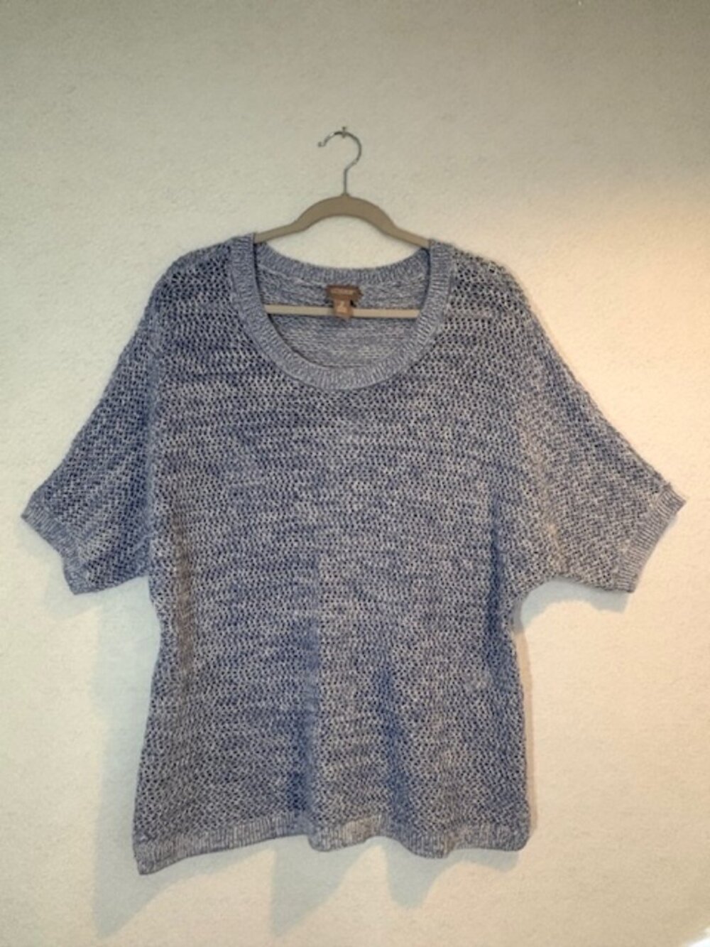 Chico’s Womens Blue White Short Sleeve Open Knit Pullover Crewneck L Sweater Top